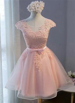 Picture of Pink Lovely Cap Sleeves Knee Length Formal Dresses, Pink Tulle Prom Dresses